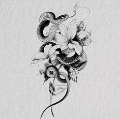 a black and white drawing of flowers with snakes on the stems, in front of a gray background