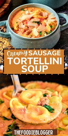 creamy sausage tortellini soup in a blue casserole dish