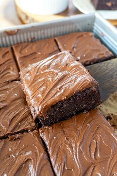 chocolate cake with frosting cut into squares