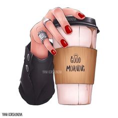 a woman's hand holding a coffee cup with the words good morning written on it