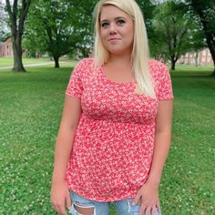 New With Tags Cotton Red Floral Baby Doll Top From Boutique. Never Worn. Cute Red Floral Print Tops, Flowy Tunic Tops, Adidas Stella, Baby Doll Top, Popover Shirt, Babydoll Top, Floral Baby, Front Tie Top, Pink Plaid