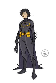 a drawing of a man dressed as batman with yellow accents and black cape, standing in front of a white background