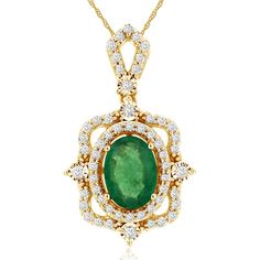 Royal 14K Yellow Gold Pendant with Oval Emerald and Diamond Halo - 0.95 Carat Total Weight Emerald Diamond Pendant, Yellow Gold Jewelry, Emerald Color, Yellow Gold Setting, Charm Making, Royal Jewelry, Yellow Gold Pendants, Fine Jewelry Gift