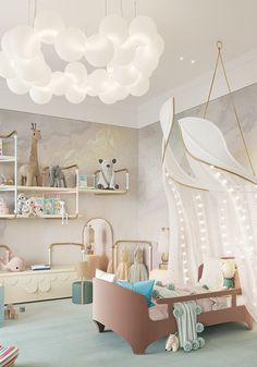 a child's bedroom decorated in pastel colors and with lights hanging from the ceiling