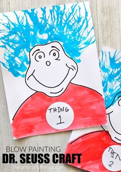 two children's handprints with blue hair on them and the words, blow painting dr seuss craft