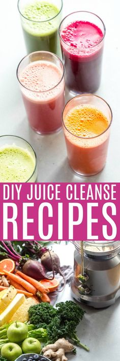 the cover of a recipe book with juices and smoothies in glasses next to it