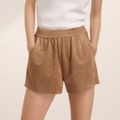 High Waisted Faux Suede Shorts Never Worn Before. Tags Still On Ruched Waist All Around Brown Shorts For Day Out In Fall, Chic Brown Short Bottoms, Chic Brown Short Length Bottoms, Chic Short Length Brown Bottoms, Fall Shorts With Elastic Waistband, Chic Brown Shorts For Day Out, Brown High-waist Shorts With Elastic Waistband, Brown High Waist Shorts With Elastic Waistband, High Waist Brown Shorts With Elastic Waistband