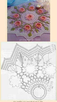 crocheted doily with pink flowers and leaves on the top, and an image of