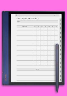 an employee work schedule on a clipboard with a pen next to it and a pink background