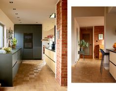 there are two pictures of a kitchen and dining room in the same house, one is empty