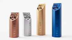 three different colored lighters sitting next to each other on a white surface with the same logo