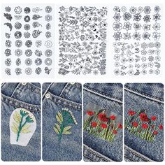 four different images of flowers and leaves on the back of a pair of denim jeans