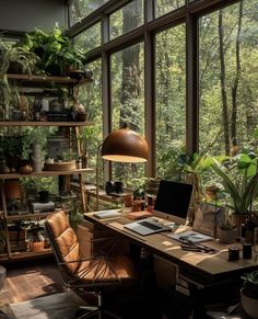 a home office with lots of plants in the window