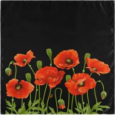 a painting of red poppies on a black background with green stems and leaves in the foreground