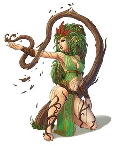 a woman dressed in green and holding a snake