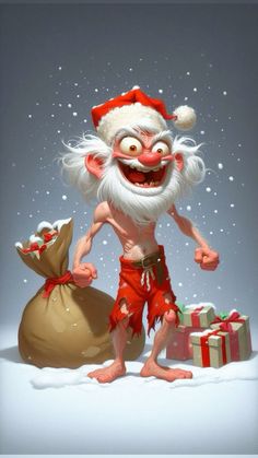 a cartoon santa clause standing next to a sack of presents and smiling at the camera