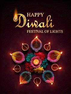 happy diwali festival of lights with colorful flowers and candles in the middle on dark background