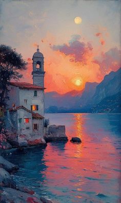 a painting of a sunset over the water with a building on it's shore