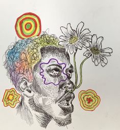 a drawing of a man with flowers in his hair