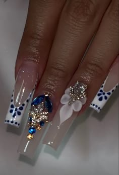 Pink Clase Azul Nails, Mexicana Nails, Clear Acrylic Nails With Rhinestones, Clase Azul Nails French, Mexican Acrylic Nails, Latin Nails, Xv Nails, Latina Nails Acrylic, Dominican Nails