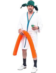 a man in a bathrobe holding an orange hose