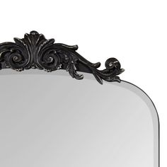 an ornately decorated mirror is shown against a white background with black trimmings