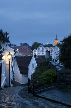 a cobblestone street with houses in the background at night, lit up by lights