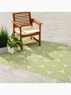 a wooden chair sitting on top of a green rug next to a potted plant