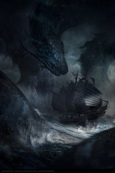 a dragon attacking a ship in the ocean with another boat below it on a stormy day