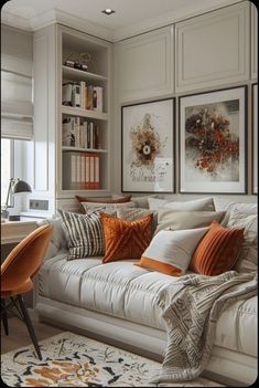 a living room filled with lots of furniture and bookshelves next to a window