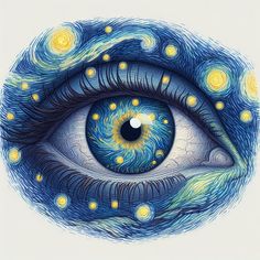 an eye with blue and yellow swirls on it's iris, surrounded by stars