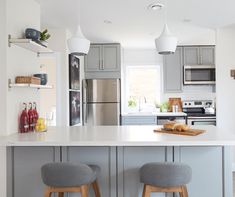 two stools sit at the center of a kitchen island