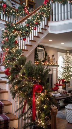 #Christmas #Xmas #HolidaySeason #MerryChristmas #ChristmasSpirit #FestiveSeason #SantaClaus #ChristmasTree #HolidayCheer #JoyfulChristmas #TisTheSeason #WinterWonderland #ChristmasDecor #GiftGiving #ChristmasLights #FamilyTime #HappyHolidays #Noel #SeasonOfGiving #ChristmasMagic Large Living Room Christmas Decor, Xmas Indoor Decor Ideas, Christmas Decorations Railings, Classic Elegant Christmas Decor, Christmas Decor Ideas Green And Red, Christmas Home Inspiration, Traditional Christmas Ideas, Outdoor Deck Christmas Decorating Ideas, Classic Red Christmas Decor