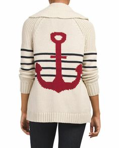 525 AMERICA Maritime Anchor Nautical Sweater Vanilla Cardigan Sz XS & S NWT Hearts will swoon over this adorable anchor cardigan sweater by 525 America. From the nautical vibe to the remarkable comfort, this is sure to be a standout piece to add to your Fall/Winter wardrobe. The french vanilla tone blends well with dark denim and gold studs. Maritime Boyfriend Cardigan features a shawl collar, button front and welt pockets.  ribbed trim, front pockets, stripe detail, button front closure long sl Nautical Sweater, Boyfriend Cardigan, Fall Winter Wardrobe, Cardigan Sweaters For Women, Zip Sweater, Dark Denim, Winter Wardrobe, Sweater Cardigan, Nautical