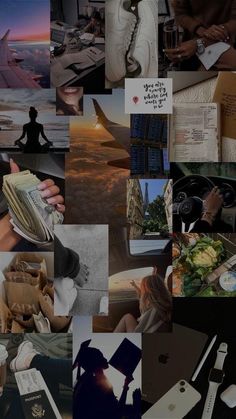 a collage of photos with various items in them including cell phones, books and papers