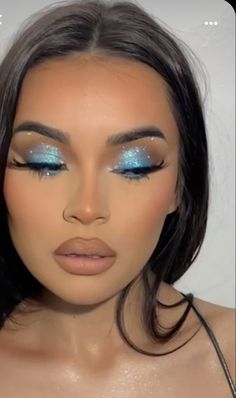 Prom Makeup Looks Blue Dress, Tiffany Blue Makeup Looks, Blue Sequin Dress Makeup, Makeup Looks On Blue Eyes, Baby Blue Prom Dress Makeup, Pale Blue Eye Makeup, Makeup Looks Light Blue, Silver Blue Makeup Looks, Makeup For A Light Blue Dress