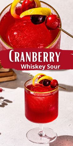 the cranberry whiskey sour is garnished with cherries