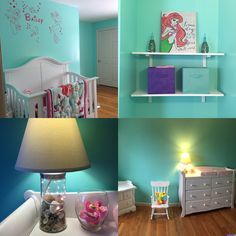 four different pictures of a baby's room with blue walls