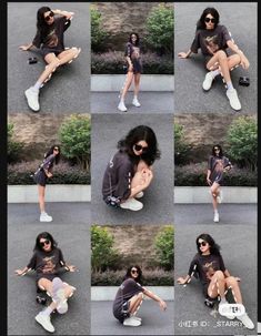 several pictures of a woman sitting on the ground with her legs crossed and wearing white shoes