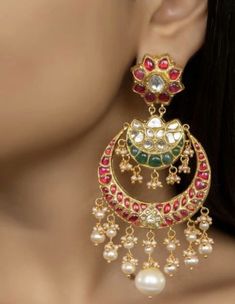 Polki Chandbali, Kundan Chandbali, Chand Bali, Aditi Rao Hydari, Rajputi Jewellery, Bridal Jewellery Earrings, Aditi Rao, Ear Cuff Jewelry, Gold Jewelry Outfits