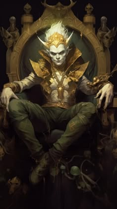 a man sitting on top of a throne with an evil face and gold crown in his hands