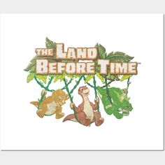 the land before time logo with dinosaurs and other animals in front of it on a white background