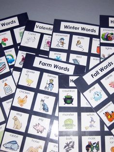 several matching cards with words and pictures on them