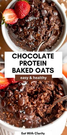 chocolate protein baked oats in a white bowl with strawberries on top and text overlay