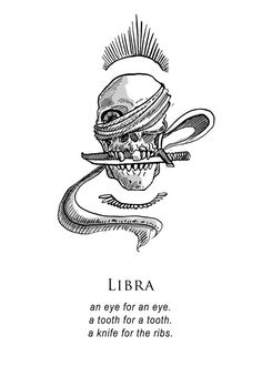 an image of a skull with a knife in its mouth and the words libra on it