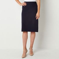 This Liz Claiborne women's pencil skirt is a classic style choice for a day of meetings or a casual event. Cut from smooth stretch-twill, this midi-length style has a flat front waist with a back zip closure. Complement it with a fine-knit sweater or blouse.Front Style: Flat FrontFeatures: Stretch FabricClosure Type: ZipperClosure Location: BackRise: Mid RiseApparel Length: 25.5 InchesFiber Content: 75% Polyester, 19% Rayon, 6% ElastaneFabric Description: Woven, TwillLining: LinedSkirt Length: K Classic Blue Mini Skirt, Office Knee-length Lined Pencil Skirt, Relaxed Knee-length Pencil Skirt For Office, Knee-length Lined Pencil Skirt For Work, Classic Fitted Midi Pencil Skirt, Lined Knee-length Pencil Skirt For Office, Fitted Pencil Skirt For Business, Classic Business Casual Skirt, Elegant Midi Pencil Skirt For Work