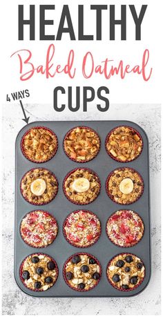 healthy baked oatmeal cups in a muffin tin with text overlay