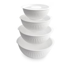 three white bowls stacked on top of each other