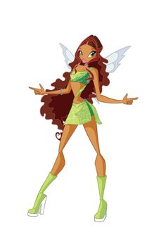 a cartoon character with long hair and green boots, holding her hands out to the side