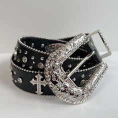 Y2k 2000s Vintage Black Chrome Cross Studded Goth Emo Black Belt These Belts Are Unisex :)! Unique Skeleton Hand Design One Size Fits Most 1.5w X 44l Brand New Chrome Cross, Womens Black Belt, Hand Design, Rhinestone Belt, 2000s Vintage, Skeleton Hand, Studded Belt, Black Chrome, Rhinestone Studs